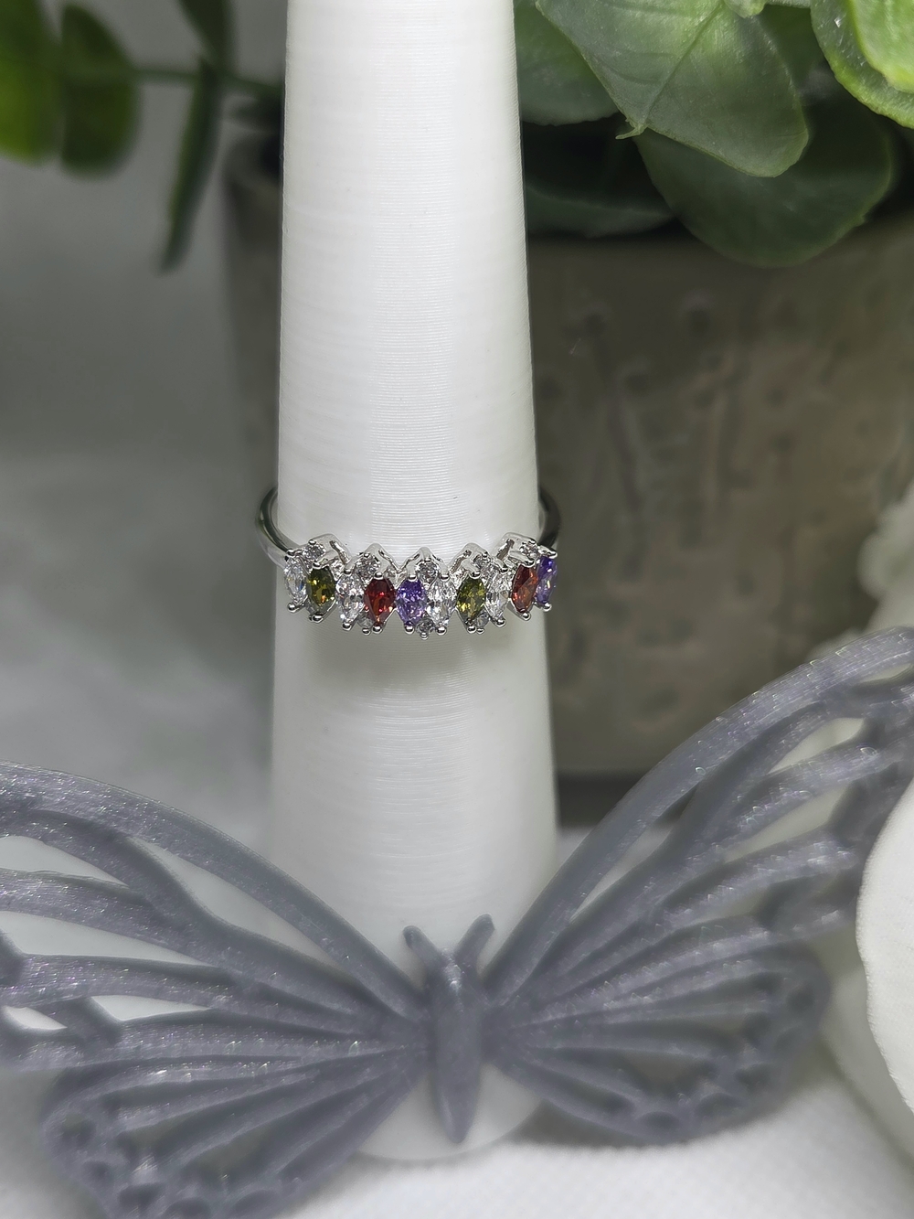 BP Multi-Color Gemstone Band On Rhodium Plating